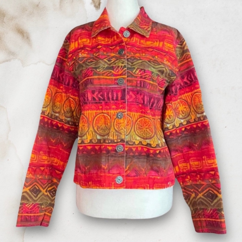 Chico's Designs Multi-color Bohemian Aztec Print  Button Up Denim Jacket Size 0